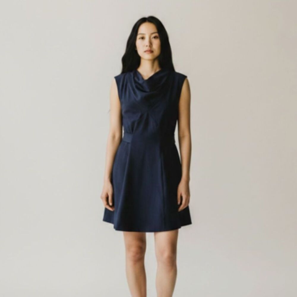 MARC JACOBS Navy Blue Cowl Neck Fit & Flare Mini Dress with Pockets - Large